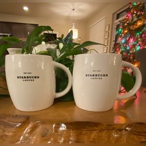 2008 Starbucks Est 1971 White Ceramic Barrel Shaped Coffee Tea Mugs Cups 14 oz 2